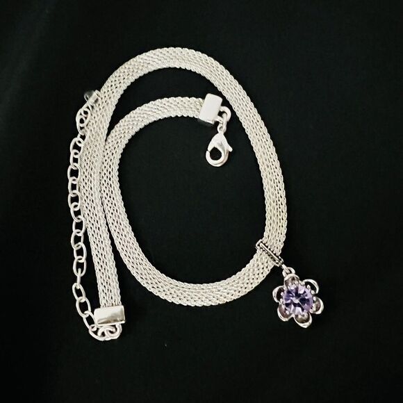 Beautiful Choker Silver Mesh Flower Pendant Purple Stone Fashion Necklace 1078 - Picture 8 of 10
